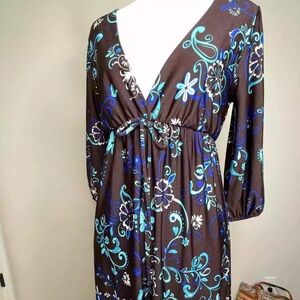 Hypnotized Women's  Dress. Brown, v neck with teal paisley. Large